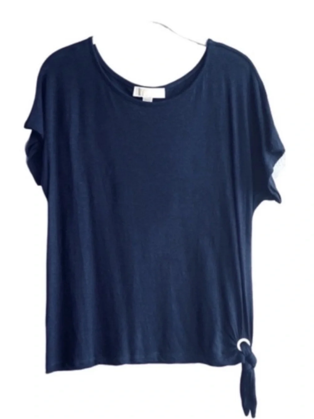 Michael Kors Short Sleeve Blouse Linen Blend Side Tie True Navy Blue Size M